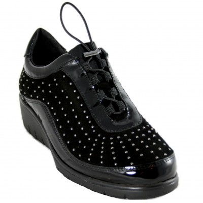 Doctor Cutillas 60318 - Zapatos de Mujer De Piel Con Tachuelas Plateadas y Cordones Elásticos en Negro y Burdeos