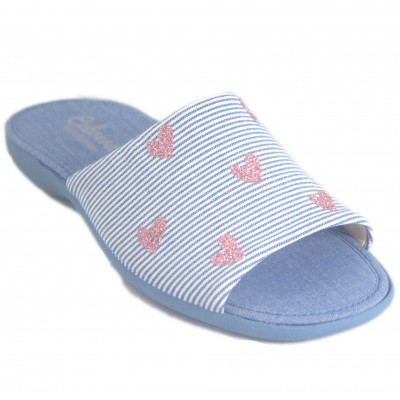 Cabrera 4352 - Blue cotton flat sneakers with white stripes and pink glitter hearts