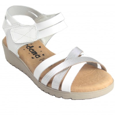 Jordana 3548 - Leather sandals with strips in white or brown colors with half wedge and Velcro closure
