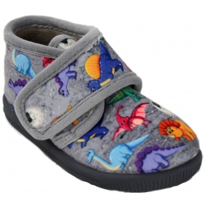 Vulcabicha 1041 - Gray Boots Slippers With Colored Dinosaurs Velcro Closure