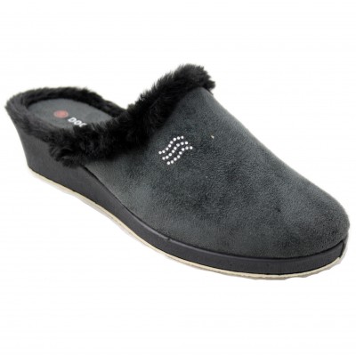 Doctor Cutillas 4651 - Slippers With Smooth Wedge In Black And Beige With Hairy