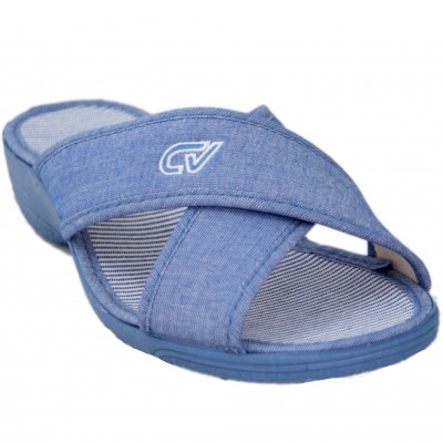 Cabrera 5352 - Summer Slippers For Women With Small Wedge Two Strips Of Blue Texan Cotton Fabric
