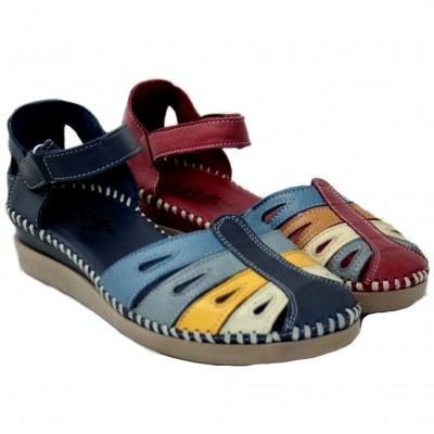 48 HOURS 214106 - Closed Leather Sandals Gel Insole With Velcro In Blue or Red Colors With Half Wedge