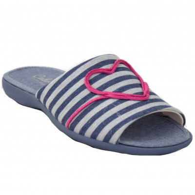 Cabrera 4405 - Blue Striped Heart Amore Open Summer Slippers With Fuchsia Lace