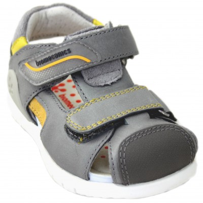 Biomecànics 222232 - Children's Gray Leather Closed Sandals With Yellow Details Textile Adhesive Closure