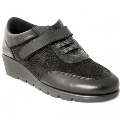 Doctor Cutillas 77211 - Zapatos Con Velcro Y Gomas Elásticas De Piel y Licra Negras Anchas