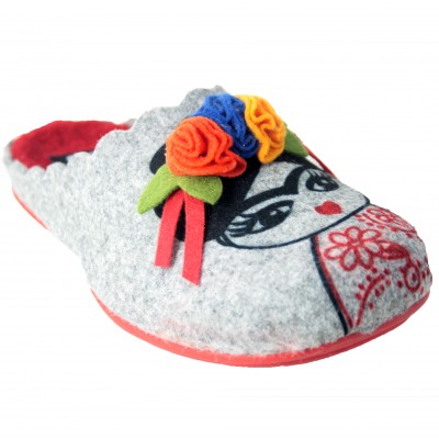 Marpen Slippers 30310 - Zapatillas de Casa de Fieltro con Bordado para Mujer Frida Gris y Rojo