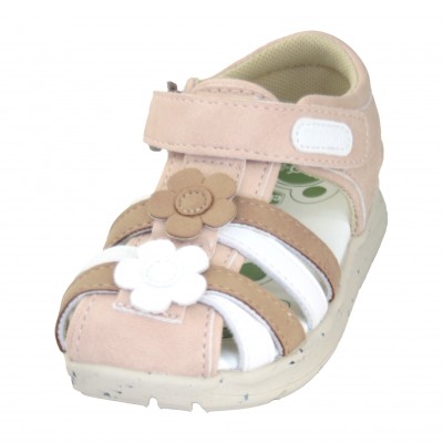 Chicco Carrozza - Pink And White Closed Leather Sandals With Flowers Soft And Flexible Sole