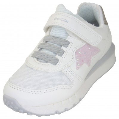 Geox J35GZC - Children's White Leather Trainers With Velcro I Pink Glitter Star On The Side