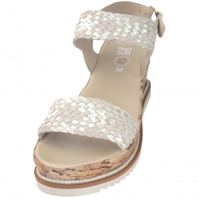 Ara 51103 - Silver Braided Low Wedge Leather Sandals With Buckle Closure