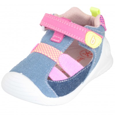 Biomecanics 222175 - First Steps Canvas Sandals In Denim And Fuchsia With Velcro