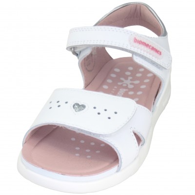 Biomecanics 222202 - White Leather Sandals With Silver Glitter Heart Textile Adhesive  Adjustments