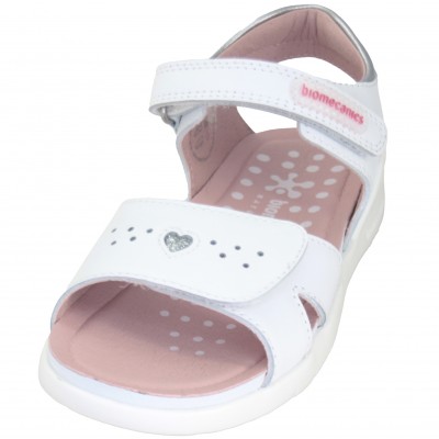 Biomecanics 222202 - White Leather Sandals With Silver Glitter Heart Velcro Adjustments