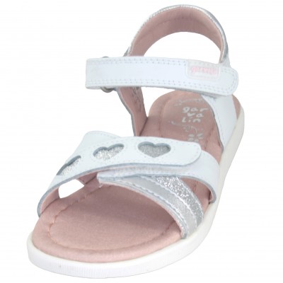 Garvalin 222410 - White Leather Sandals With Glitter Hearts Velcro Adjustment