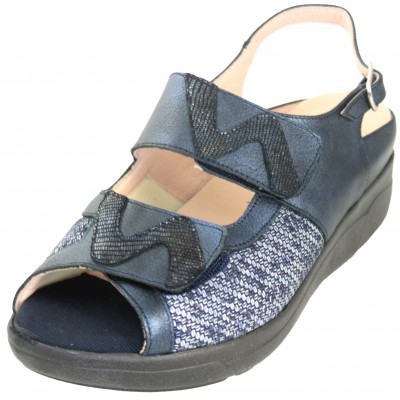 Bona Moda 98181 - Blue Leather Sandals With Silver Accents Two Velcro Buckles And Bag For Removable Insole