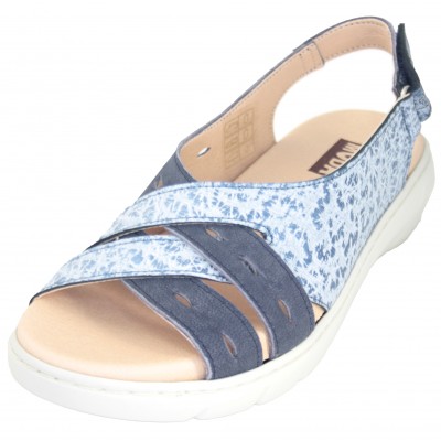 Bona Moda 98125 - Women's Leather Sandals with Removable Insole in Combinations of Blue or Beige with Shiny