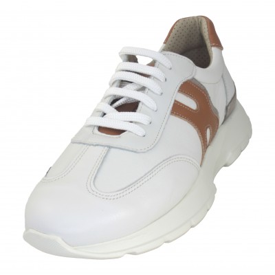 Clayan 961 - White Leather Casual Sports Shoes With Laces And Leather Detail