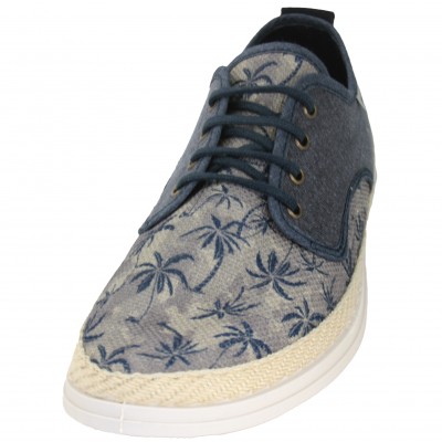 Muro 528 - Navy Blue Fabric Moccasin With Laces And Palm Tree Tropical Motifs
