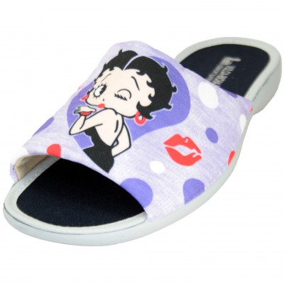 Vulcabicha 1918 - Women's Open Front Cotton Summer Slippers With Cartoon Girl Drawing On Lilac Background