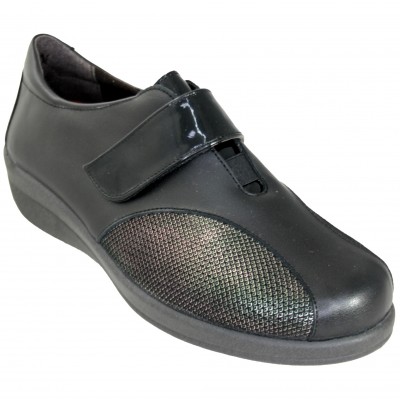 Doctor Cutillas 43514 - Zapatos Anchos De Piel Y Licra Negros Con Adhesiu Textil Especial Juanetes Plantilla Extraible