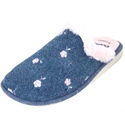 Gomus 6901 - Women's Girl's Special Floor Slippers Navy Blue With Pink Flowers