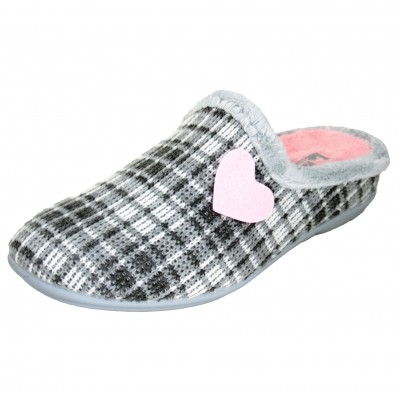 VulcaBicha 2357 - Women's Girls' Gray or Navy Checked Home Slippers With Heart Removable Insole