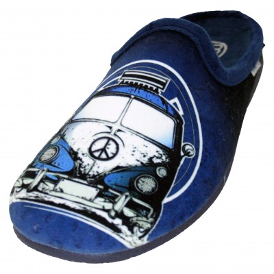 Gomus Muro 9823 - Man Boy Blue Home Slippers With Van Volkswagen Hippie Navy Blue