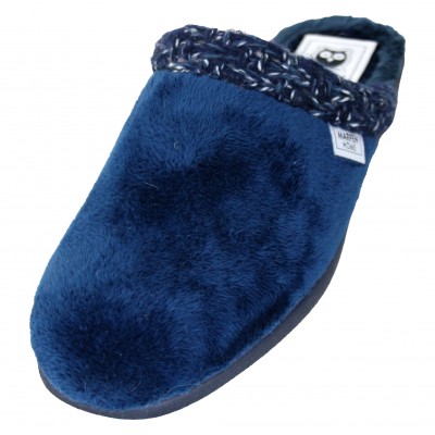 Marpen Slipeprs 905IV23 - Women's Smooth Wedge Slippers Navy Blue With Furry Toe
