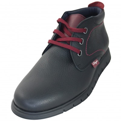 Clayan 1501 - Smooth Black Leather Ankle Boots for Men with Laces, Tongue and Back Detail in Maroon