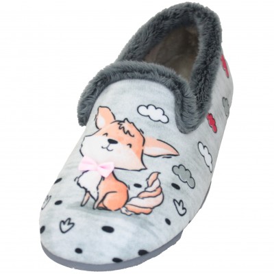 VulcaBicha 1243 - Girl's Gray Closed Toe Slippers In The Forest With Fox