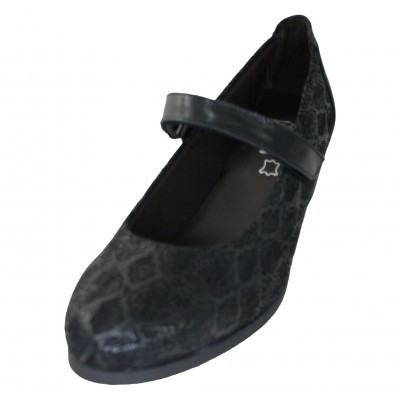 Buena Moda 99132 - Zapatos Merceditas De Piel Grabada Negras Cuña Media Cierre Velcro