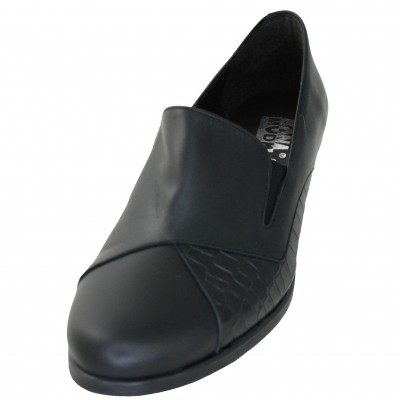 Bona Moda 99133 - Smooth Black Leather Moccasin Shoes With Medium Wedge Rubber Sole Classic And Comfortable