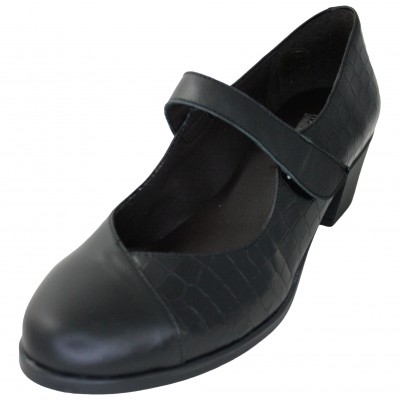 Bona Moda 99135 - Black Smooth Leather Merceditas Shoes Medium Wedge Velcro Closure