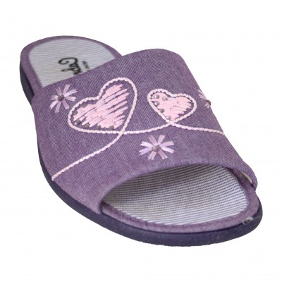 Cabrera 4190 - Women's Summer Slippers Open Flats Fresh Cotton Sole Rubber Purple With Pink Hearts