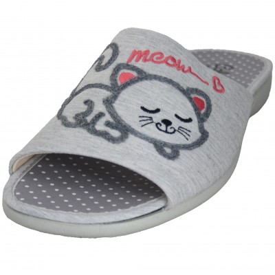 Cabrera 4451 - Women's Summer Home Slippers Open Flat Cotton Light Gray With Meow Kittens