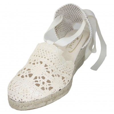 Mariel 502 - Black And White Lace Espadrilles With Half Wedge And Ribbons To Tie
