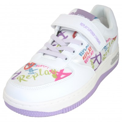 Replay JZ430005T - Children's White Sports Shoes With Fun Color Drawings And Velcro