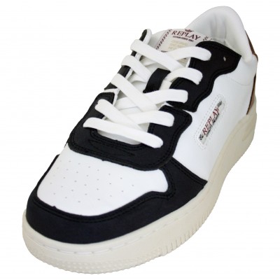 Replay JZ430006S - Children's White Leather Sneakers with Navy Blue and Brown Details with Laces and White Sole