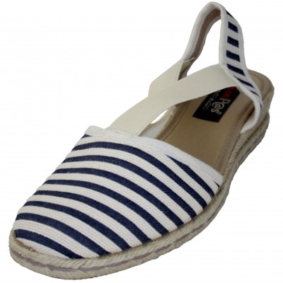 Konpas 07361- Women's Espadrilles with Navy Blue and White Stripes Medium Wedge with Leather Elastics Soft Leather Insole