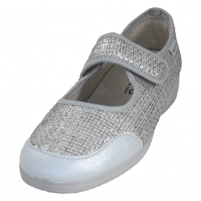 Muro 811 - Women's Mary Janes Beige Blue Gray Shiny Natural Fabric Velcro Closure Removable Insole