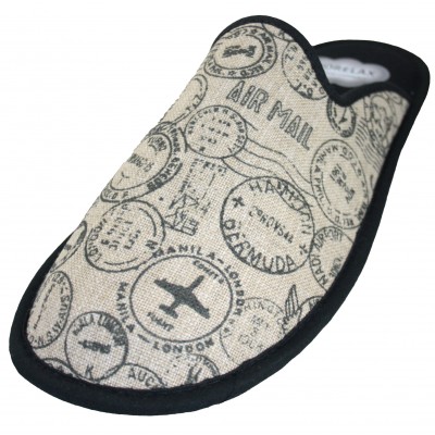 Biorelax 1446 - Men's Slippers Drawings Passport Stamps Gray Black Uncovered Comfortable Insole
