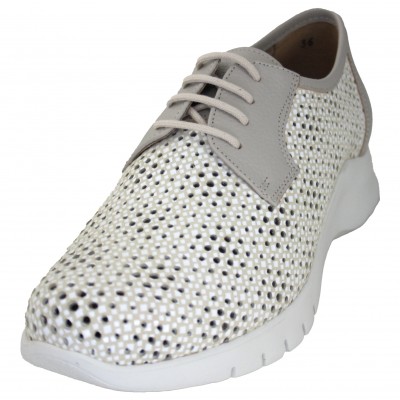 Pie Santo 240715 - Zapatos Mujer Piel Perforados Grises Y Blancas Con Cordones Anchos Plantilla Extraible