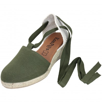 Kon Pas Valenciana - Espadeña Canvas Wedge Medium Green Khaki Navy Blue Or Beige With Veins To Tie Leather Insole