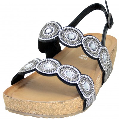 Cinzia 1004 - Black Women's Leather Sandals With Shiny Circular Shapes Buckle Closure Medium Wedge