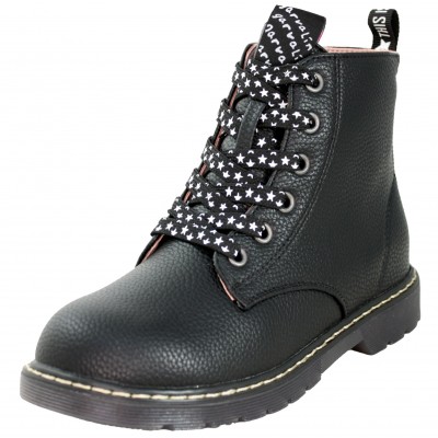 Garvalin 241565 - Children's Black Leather Boots Lace Up With Stars Side Zipper