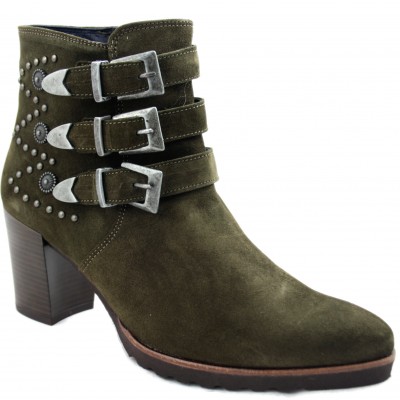 Dorking D7226 - Khaki Woman Ankle Boots with Metal Tacks and Three Decorative Buckles